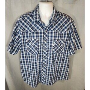 Wrangler Shirt‎ Mens XXL Blue Plaid Short Sleeve Button Up Western Pearl Snap